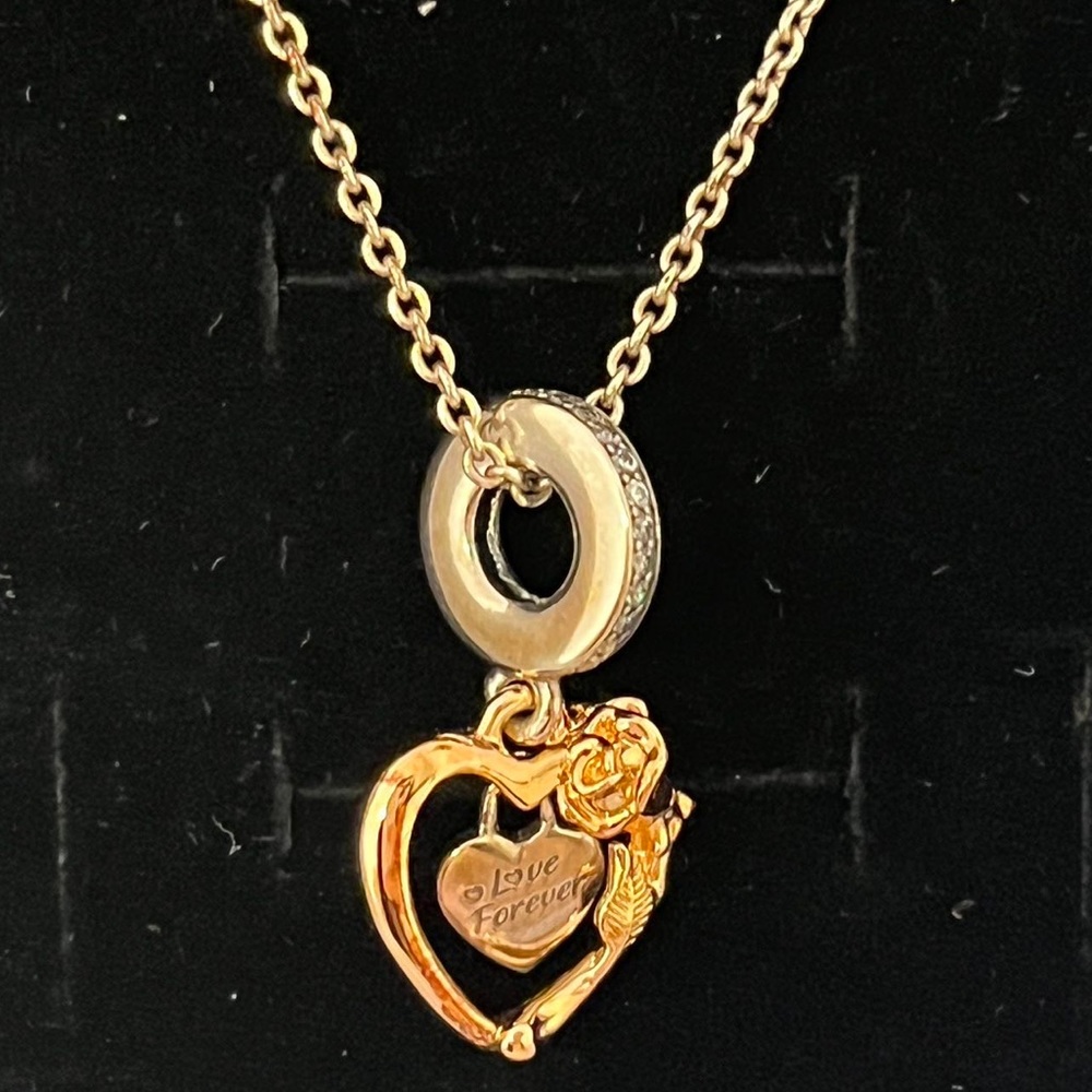 Pandora cable chain necklace and Heart & Rose Flower Dangle Charm